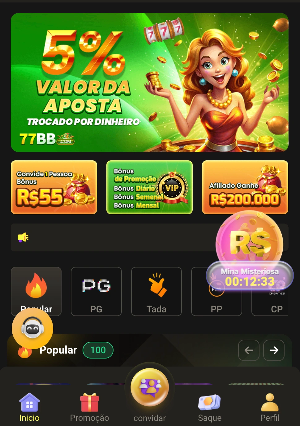 Aplicativo do 77BB cassino rodando em dispositivos móveis Android e iOS.