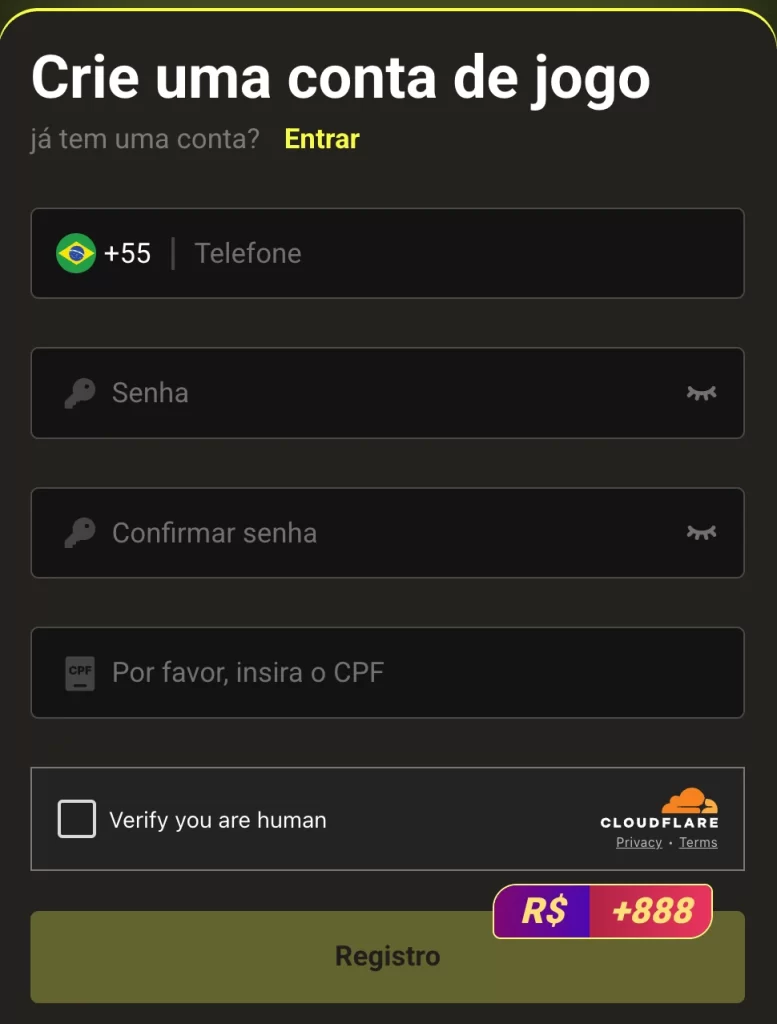 Tela de cadastro rápido no 77BB com campos simples e diretos.