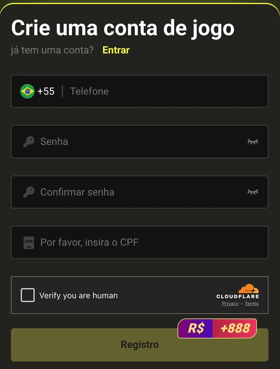 Tela de cadastro rápido no 77BB com campos simples e diretos.